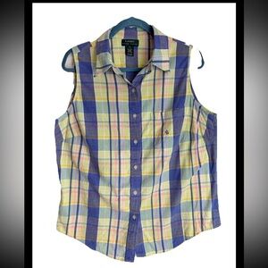 LAUREN RALPH LAUREN Blue Gen Pink Plaid Sleeveless Shirt Button Down Sz 1X